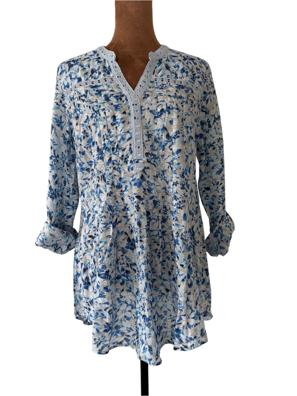 Vintage America Blues Blue Floral Cotton Boho Tunic Blouse Small